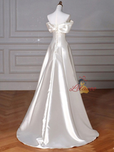 Ivory Satin Off the Shoulder Pleats Wedding Dress