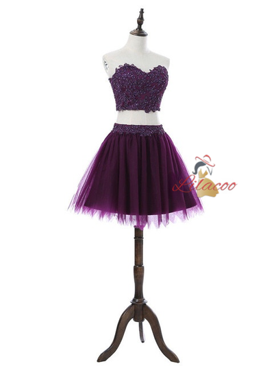 Purple Two Piece Tulle Lace Homecoming Dress
