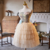 Champagne Tulle Tiers Pearls Homecoming Dress