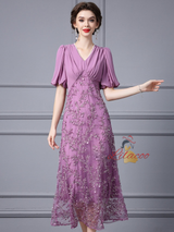 Purple Chiffon V-neck Sequins Mother Of the Brides Dress