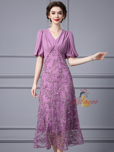 Purple Chiffon V-neck Sequins Mother Of the Brides Dress