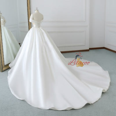 White Satin Off The Shoulder Appliques Wedding Dress