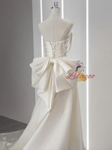 Ivory White Satin Pleats Bow Wedding Dress