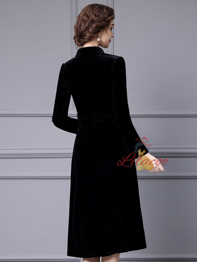 Black Velvet Long Sleeve V-neck Mother Of The Bride Dress