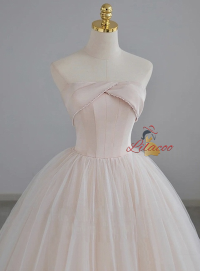 Pink Tulle Strapless Beading Prom Dress