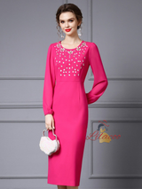Fuchsia Long Sleeve Beading Mother Of The Bride Dress