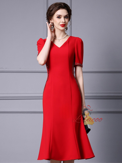 Red V-neck Beading Mother Of The Bride Dress