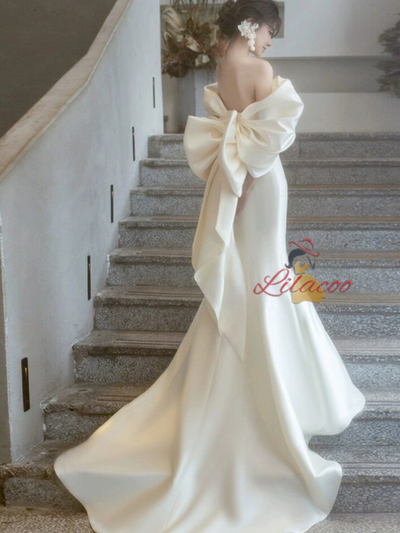 Ivory Mermaid Satin Off the Shoulder Bow Wedding Dress