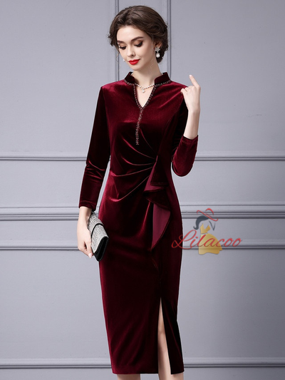 Burgundy Velvet Beading Mother Of The Bride Dress