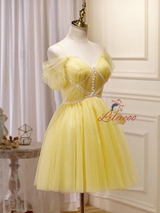 Yellow Tulle Straps Pleats Homecoming Dress