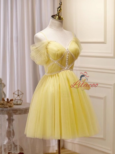 Yellow Tulle Straps Pleats Homecoming Dress
