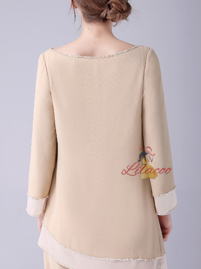 Champagne Chiffon Long Sleeve Mother Of The Bride Dress