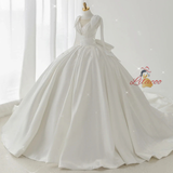 White Ball Gown Satin Pleats Pearls Wedding Dress