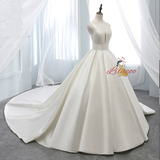 White Satin V-neck Backless Wedding Dress