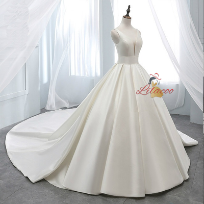 White Satin V-neck Backless Wedding Dress