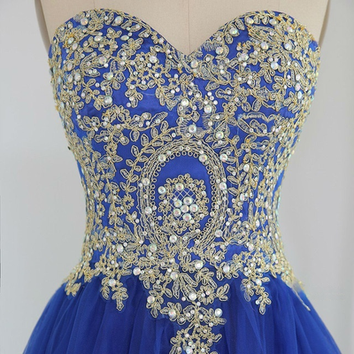 Royal Blue Tulle Appliques Beading Homecoming Dress
