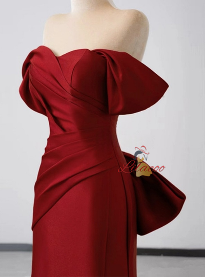 Burgundy Mermaid Pleats Bow Prom Dress