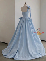 Blue Satin One Shoulder Pleats Bow Prom Dress