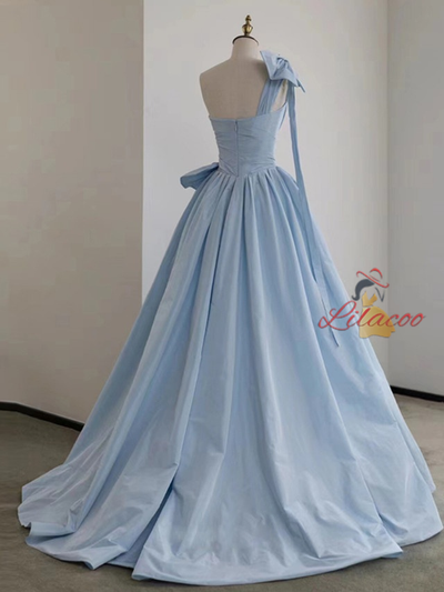 Blue Satin One Shoulder Pleats Bow Prom Dress