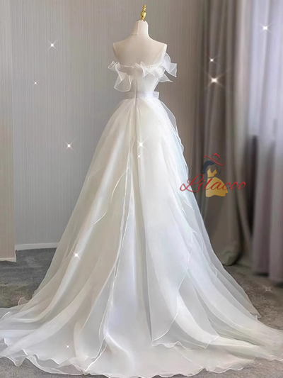 White Tulle Pleats Bow Wedding Dress