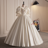 Vintage White Satin Puff Sleeve Wedding Dress