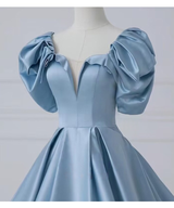 Blue Satin Puff Sleeve Beading Prom Dress