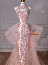 Pink Mermaid Sequins Tulle Beading Prom Dress