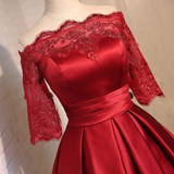 Burgundy Satin Short Sleeve Appliques Homecoming Dress