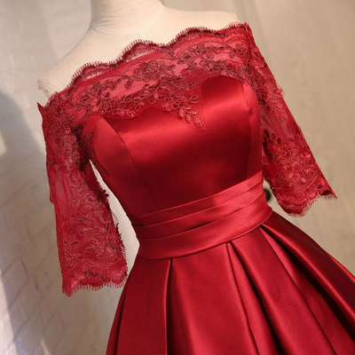 Burgundy Satin Short Sleeve Appliques Homecoming Dress