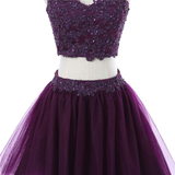 Purple Two Piece Tulle Lace Homecoming Dress