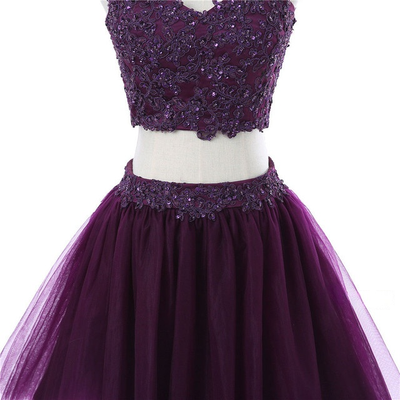 Purple Two Piece Tulle Lace Homecoming Dress