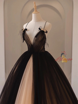Black Tulle Straps Pleats Prom Dress
