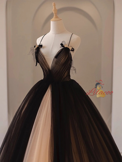 Black Tulle Straps Pleats Prom Dress