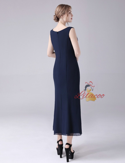 Navy Blue Chiffon Beading Mother Of The Bride Dress