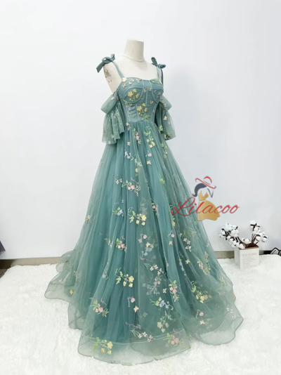 Green Tulle Embroidery Straps Prom Dress