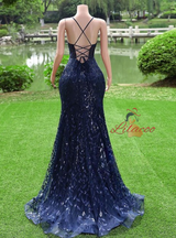 Navy Blue Mermaid Spaghetti Straps Prom Dress