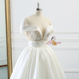 White Satin Off The Shoulder Appliques Wedding Dress