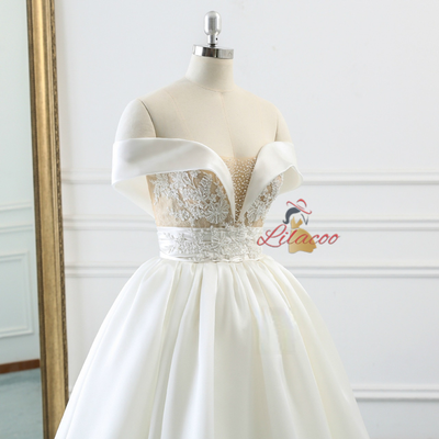 White Satin Off The Shoulder Appliques Wedding Dress