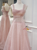Pink Tulle Sequins Straps Beading Prom Dress