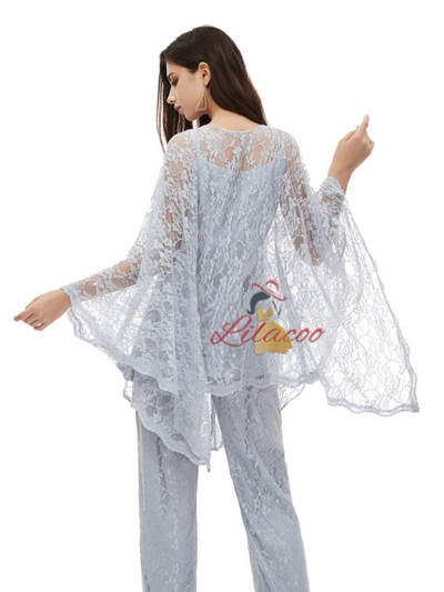 Gray Blue Lace Mother Of the Bride Dress With Shawl
