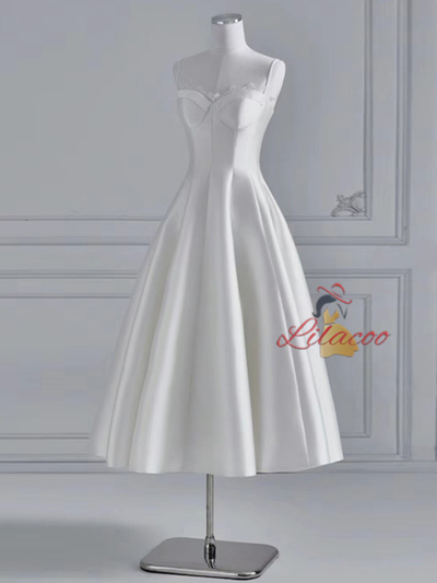 White Satin Spaghetti Straps Wedding Dress