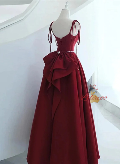 Burgundy Satin Spaghetti Straps Bow Prom Dress