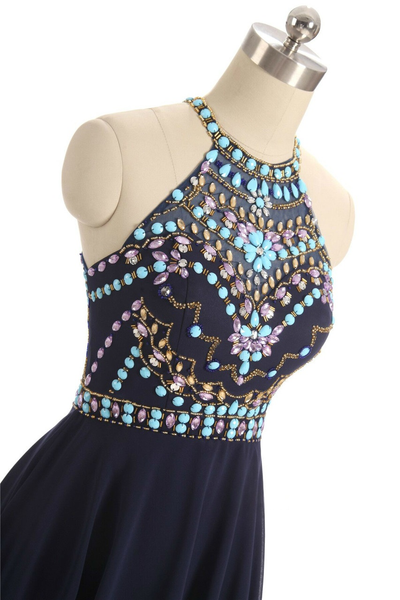 Navy Blue Halter Chiffon Beading Homecoming Dress