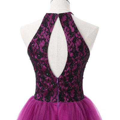 Purple Halter Tulle Lace Homecoming Dress