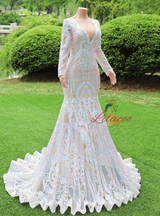 White Mermaid Sequins Long Sleeve Prom Dress