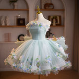 Green Tulle Strapless Flower Homecoming Dress