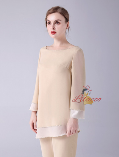 Champagne Chiffon Long Sleeve Mother Of The Bride Dress