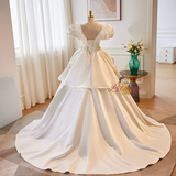 White Satin Puff Sleeve 3D Flower Wedding Dress