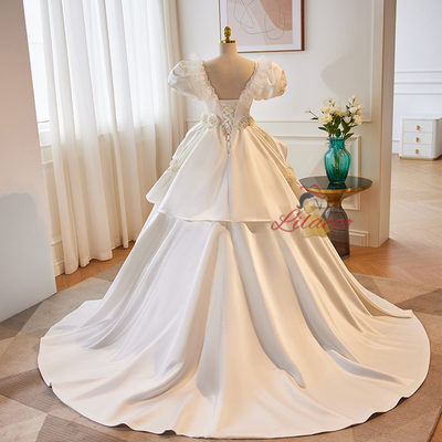 White Satin Puff Sleeve 3D Flower Wedding Dress