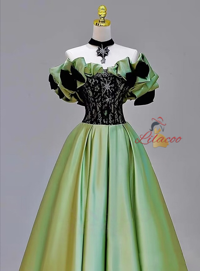 Green Satin Off the Shoulder Lace Prom Dress